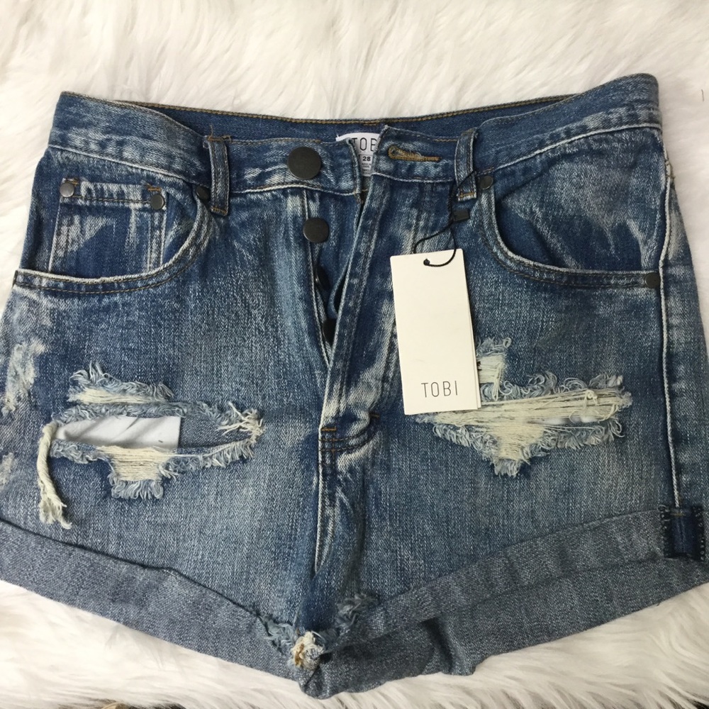 TOBI sz 28 Shorts High Waisted Distressed Rolled Hem Button Fly Pockets Blue NWT